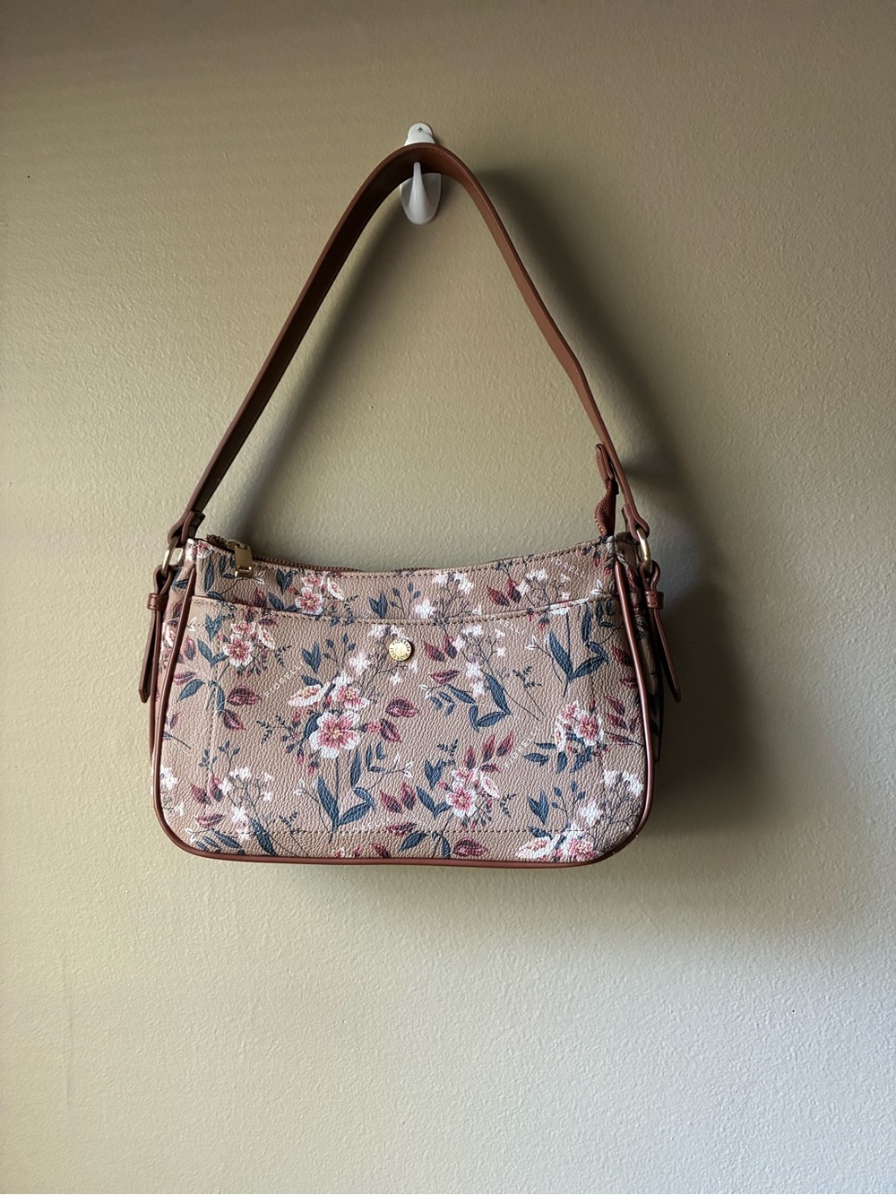 Floral Shoulder Bag in Dusty Pink with Blue Accents